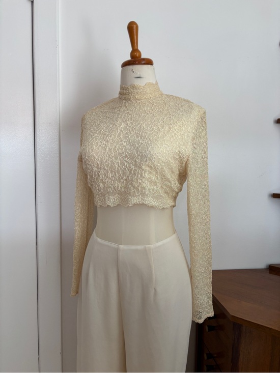 Joseph Ribkoff Pants - Vintage Joseph Ribkoff Cream Lace Mesh Wide Leg Jumpsuit